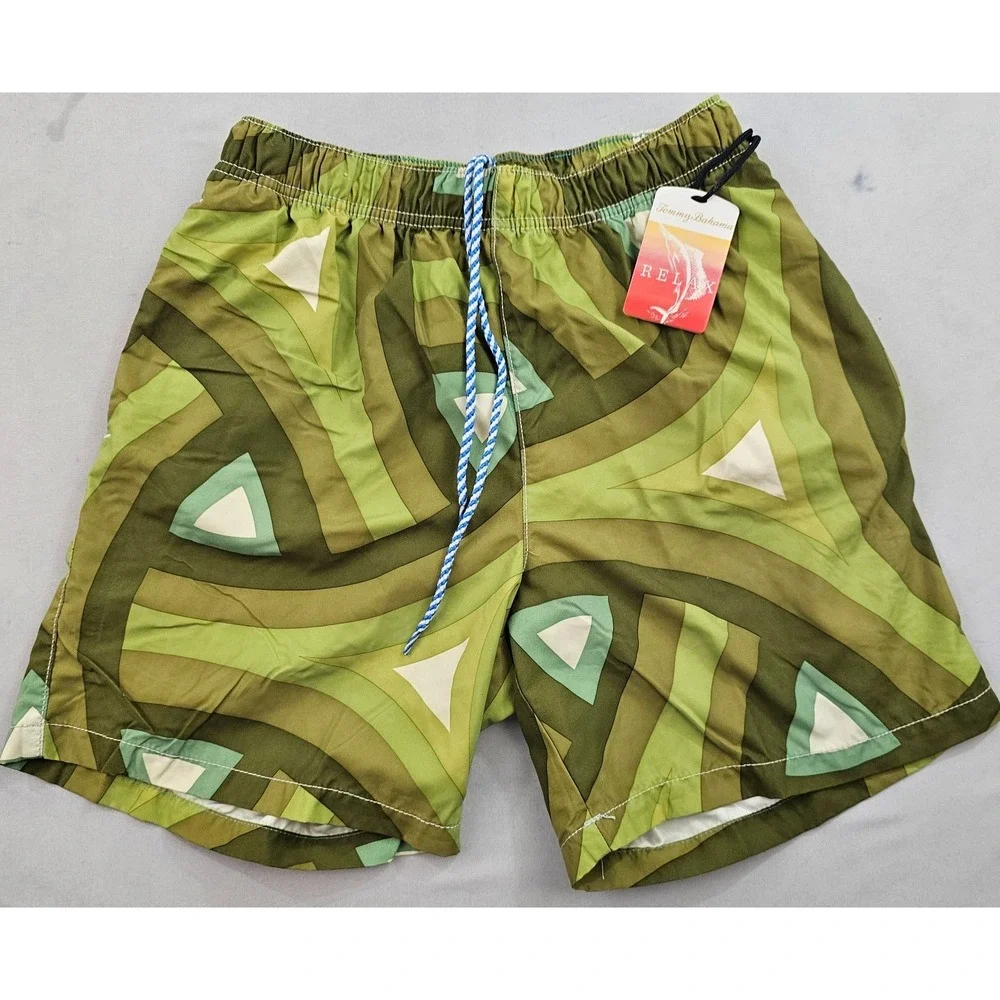Tommy Bahama Relax trunks swimwear mens S Small pockets green geometric nylon
